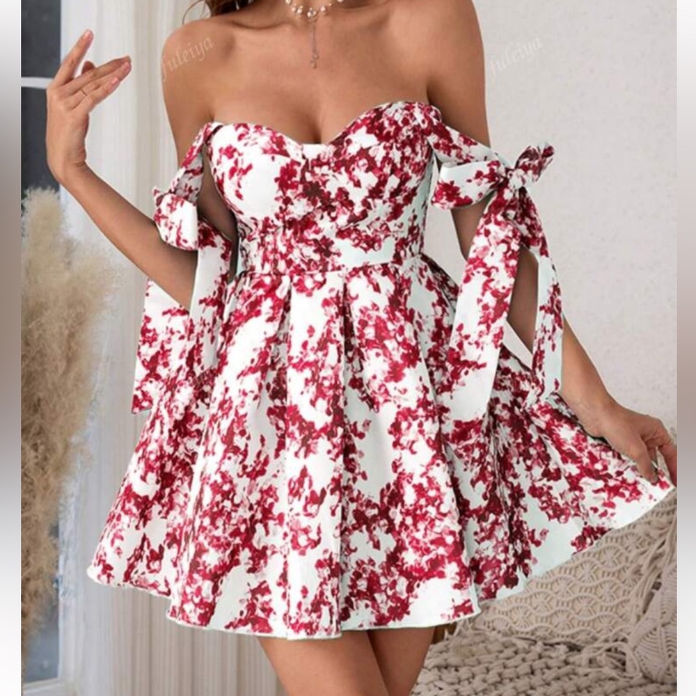 Floral Red and White Dress medium